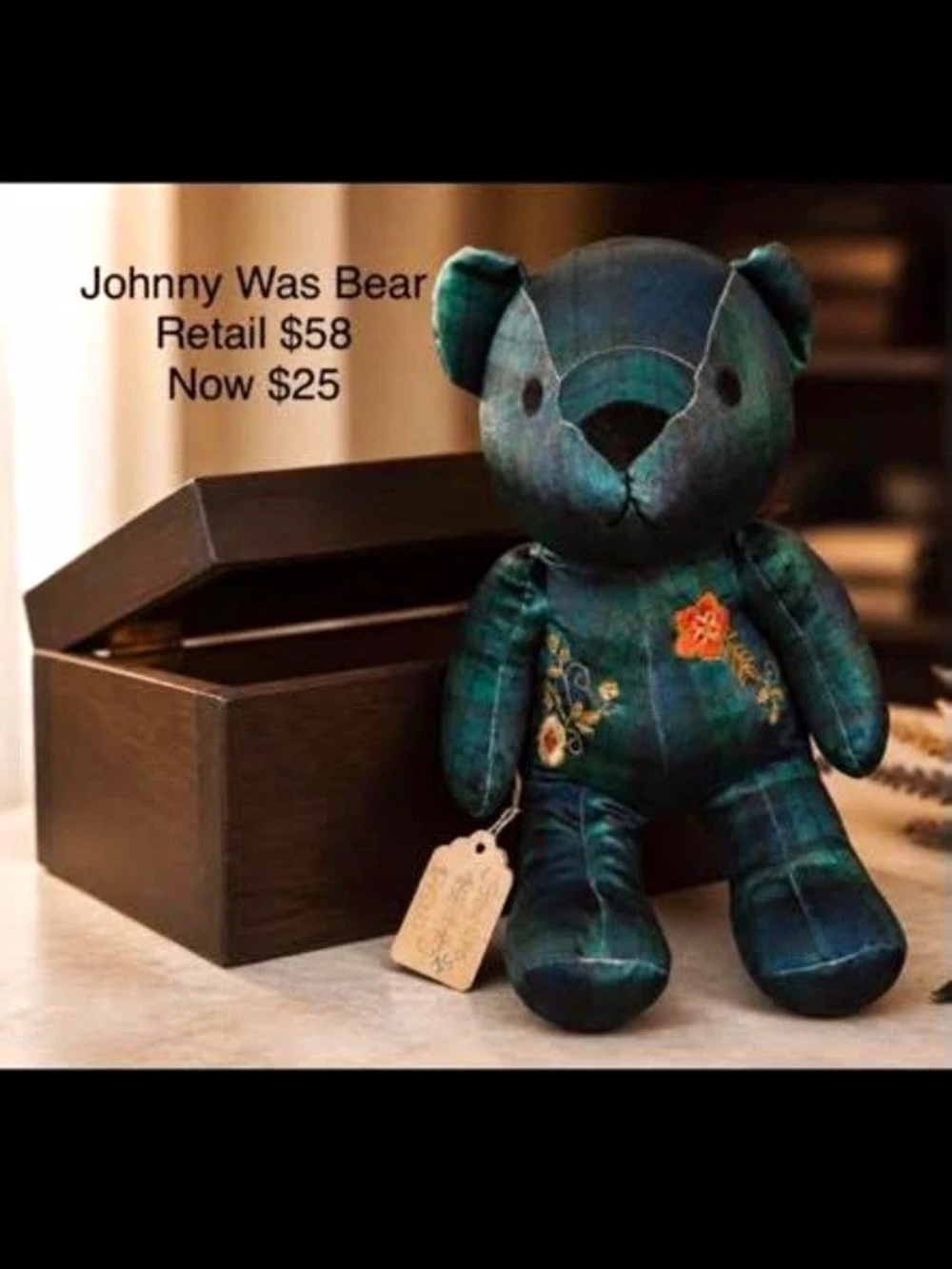 Johnny Was Blue & Green Plush Bear with Floral Embroidery, Tag Included